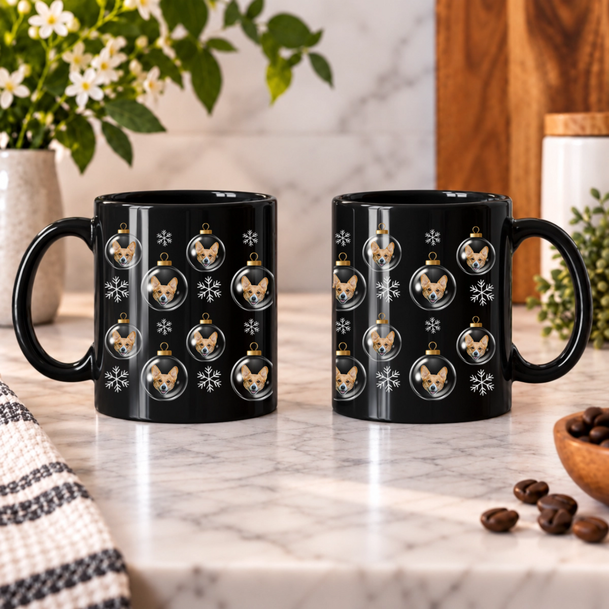 Merry & Bright Baubles Personalized Dog Black Ceramic Mug