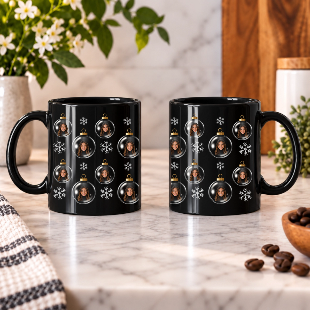 Merry & Bright Baubles Personalized Black Ceramic Mug