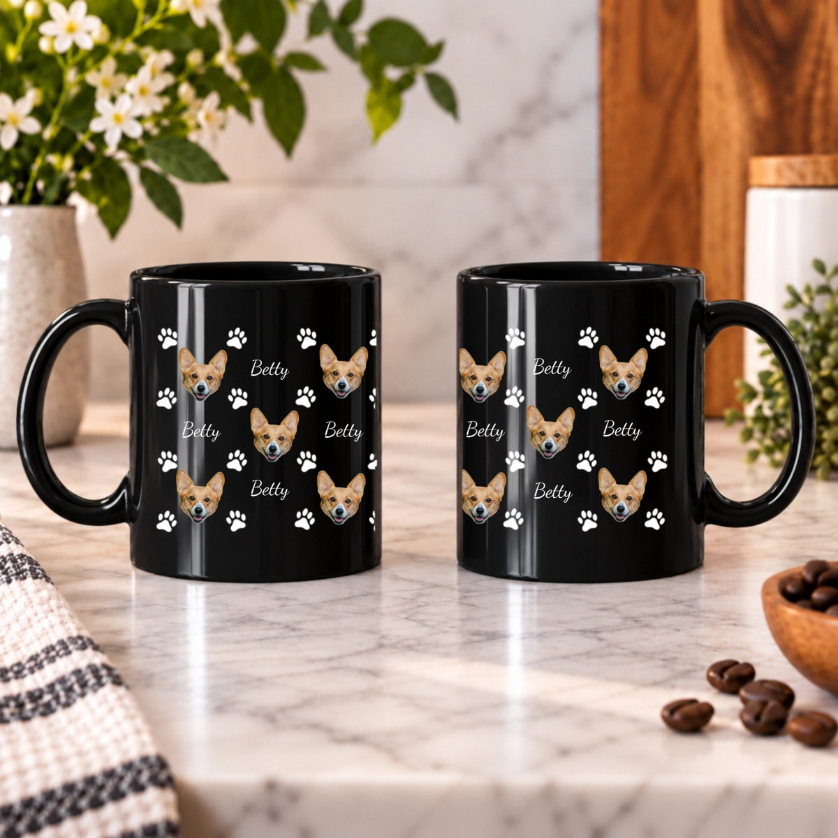 Pawfectly Yours Dog Paw Print Personalized Black Ceramic Mug
