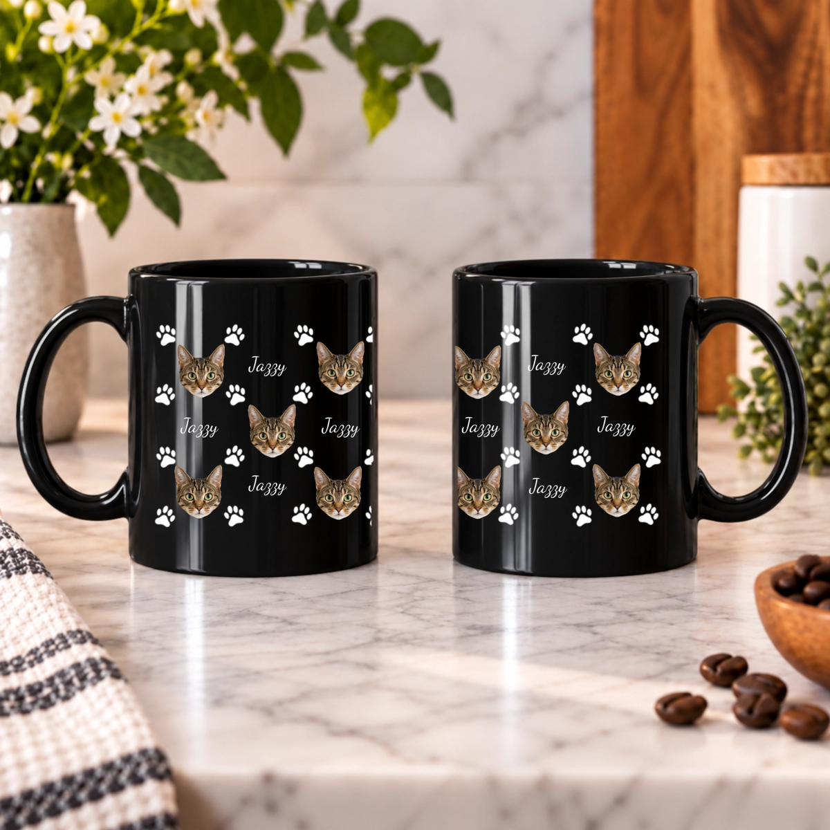 Pawfectly Yours Cat Paw Print Personalized Black Ceramic Mug