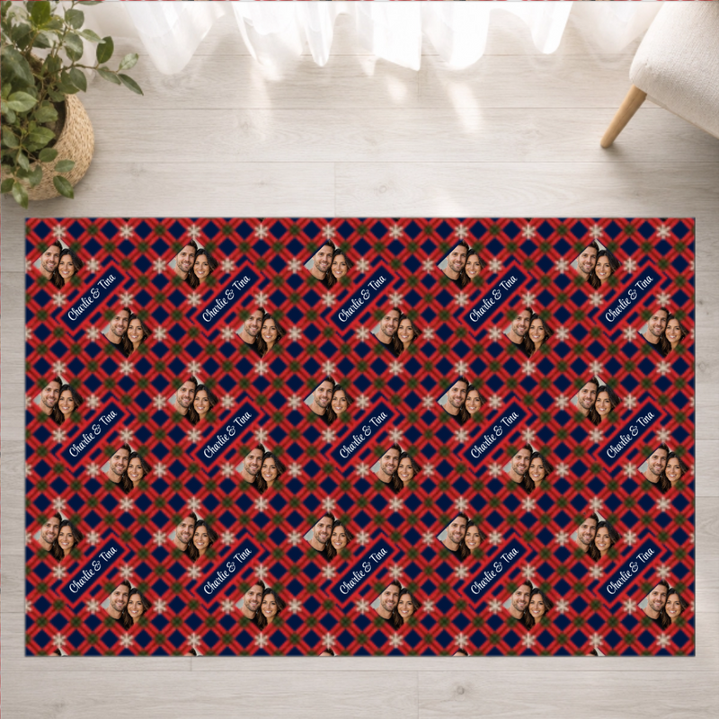 Holly Jolly Plaid Personalized Couple Washable Rug