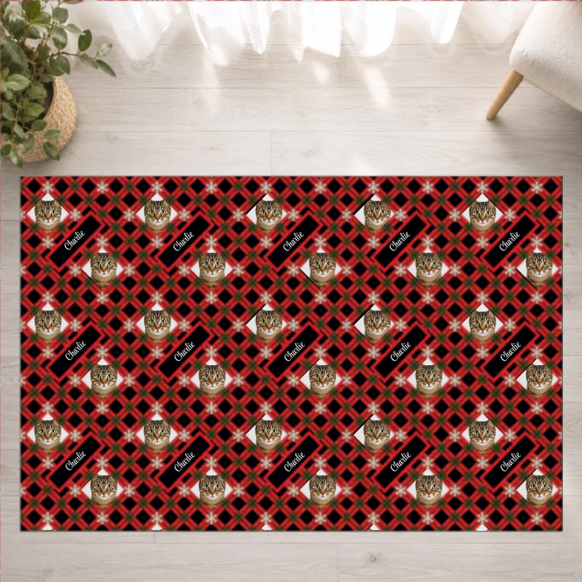 Holly Jolly Plaid Personalized Cat Washable Rug