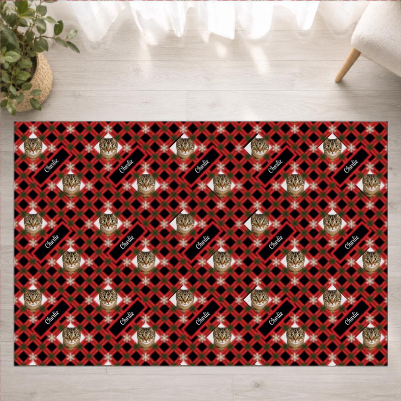 Holly Jolly Plaid Personalized Cat Washable Rug