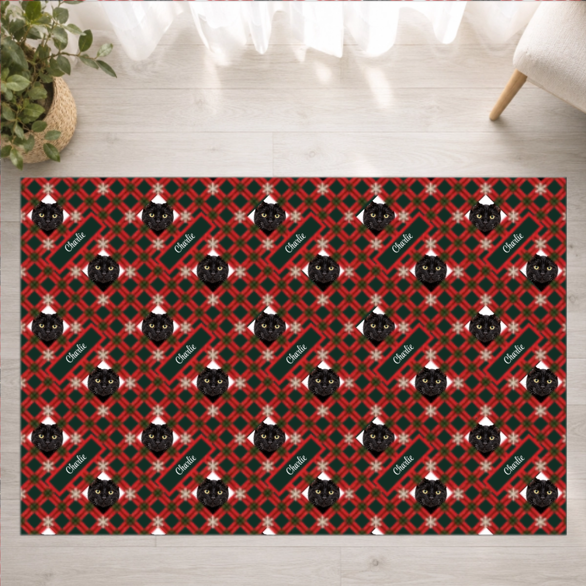 Holly Jolly Plaid Personalized Cat Washable Rug