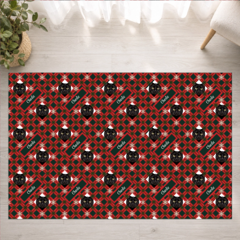 Holly Jolly Plaid Personalized Cat Washable Rug