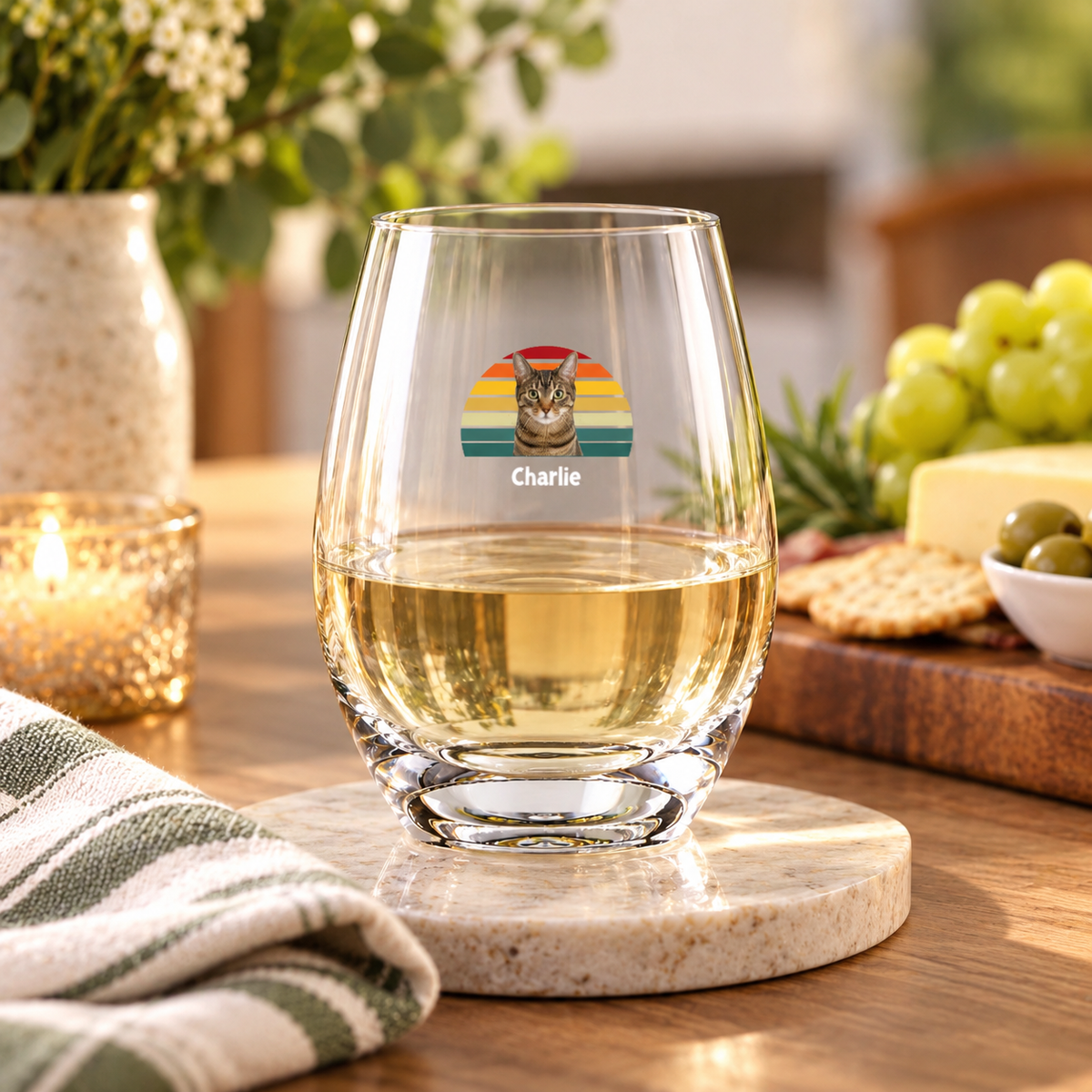Happy Trails Personalized Cat Stemless Wine Glass 15 oz