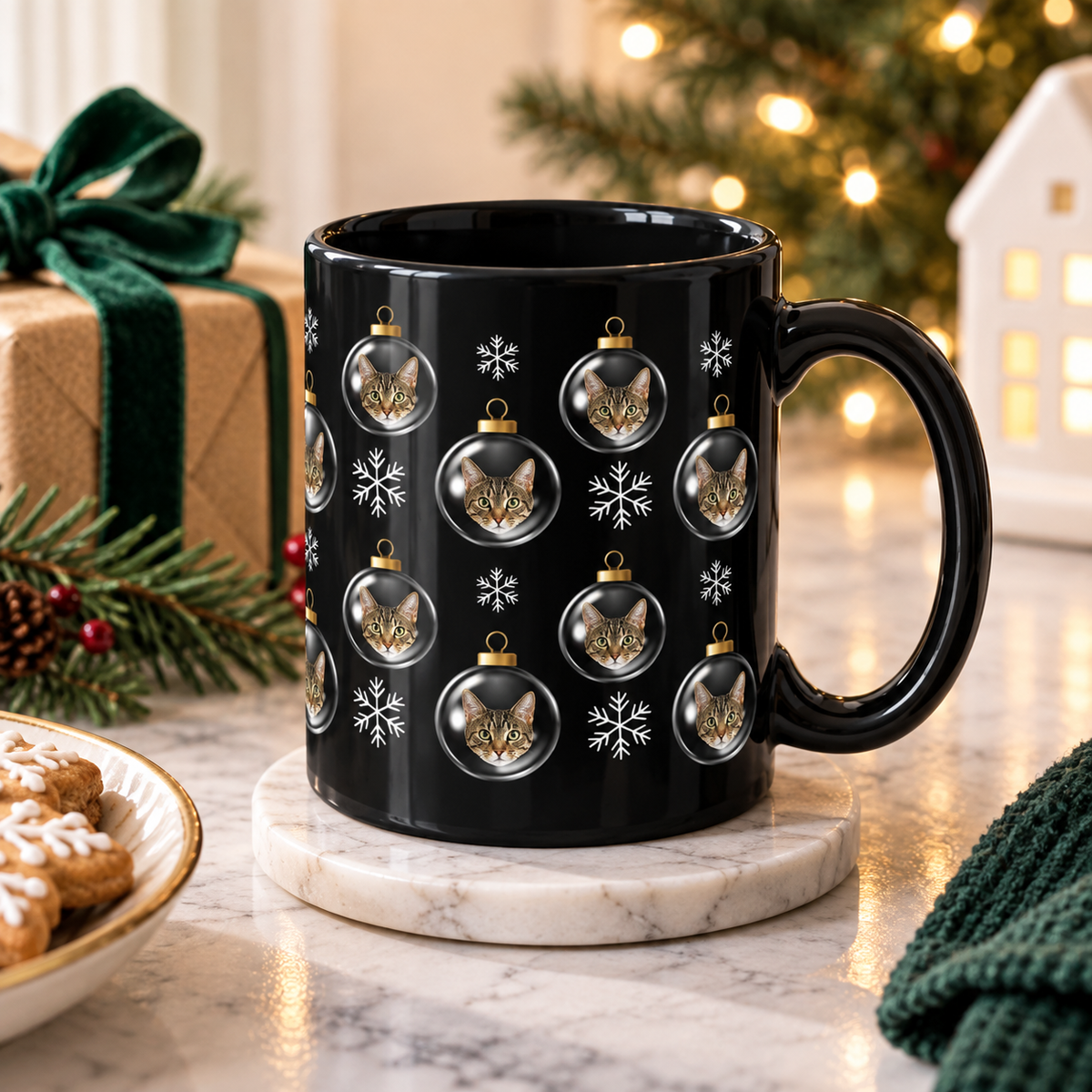 Merry & Bright Baubles Personalized Cat Black Ceramic Mug