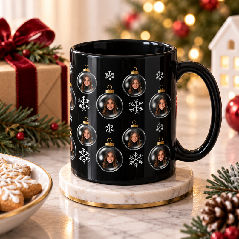 Merry & Bright Baubles Personalized Black Ceramic Mug