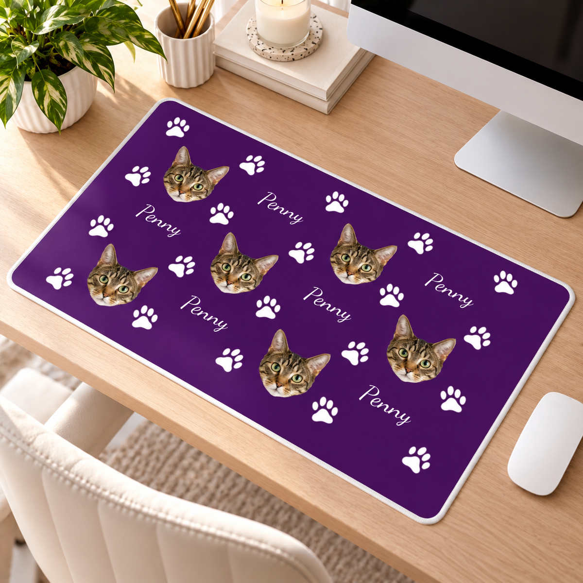 Pawfertly Yours Personalized Cat White Stitched Desk Mat