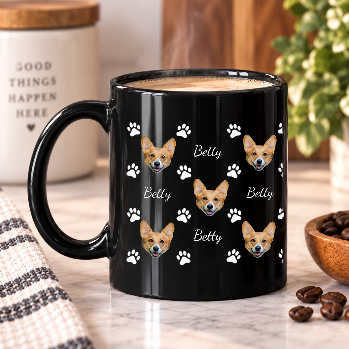 Pawfectly Yours Dog Paw Print Personalized Black Ceramic Mug