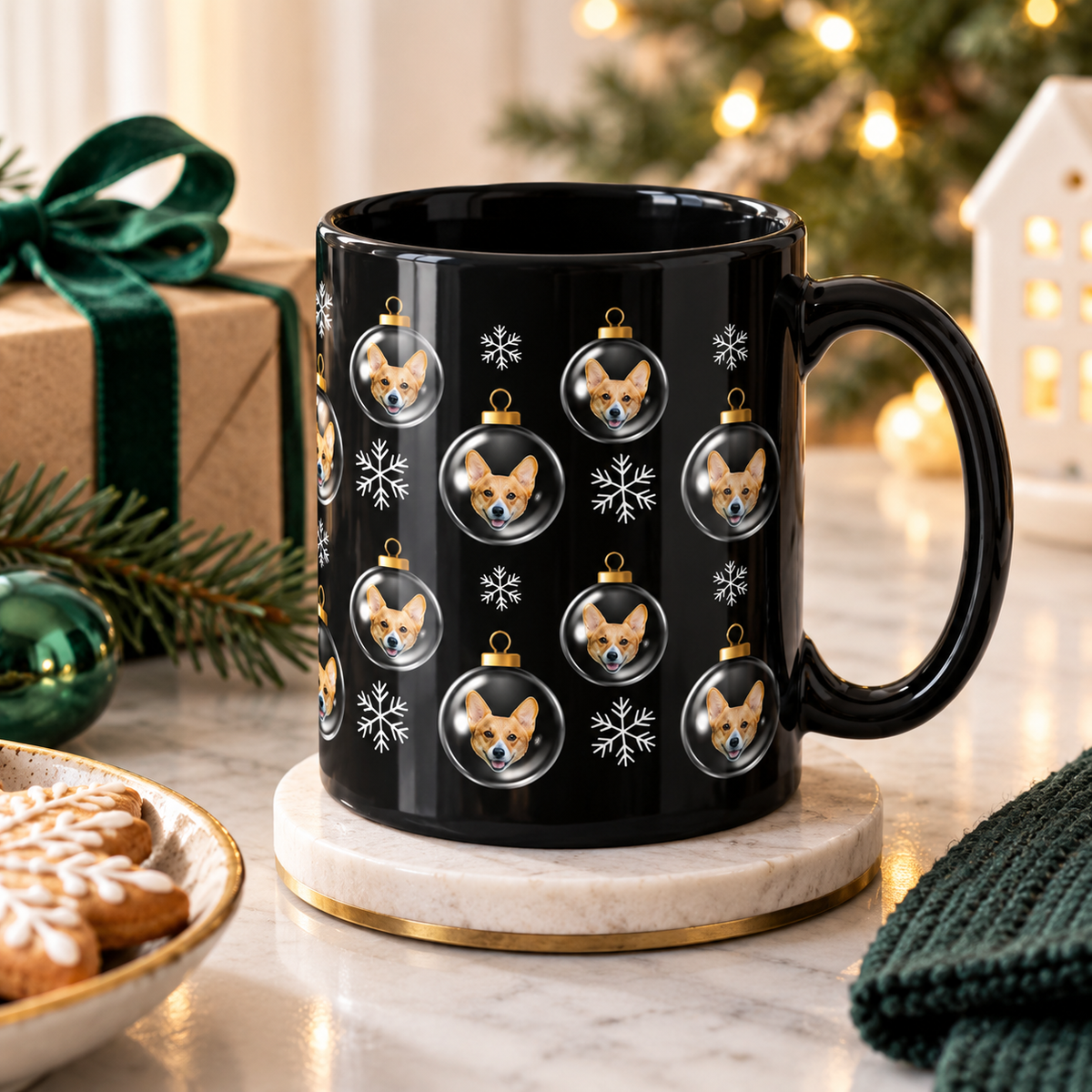 Merry & Bright Baubles Personalized Dog Black Ceramic Mug