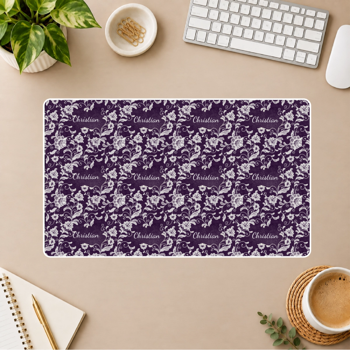 Ivory Lace Personalized White Stitched Desk Mat