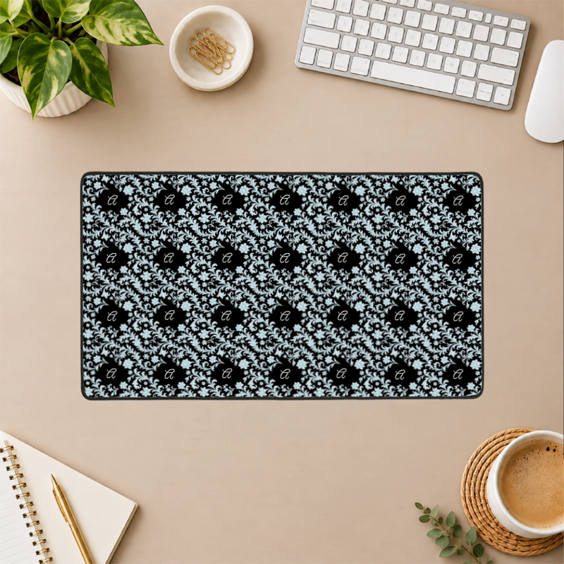 Monogram Azure Baroque Personalized Black Stitched Desk Mat