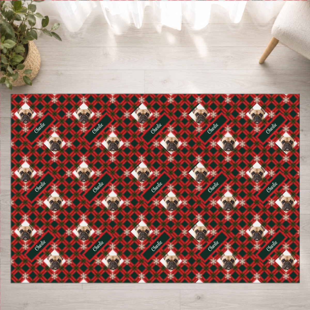 Holly Jolly Plaid Personalized Dog Washable Rug