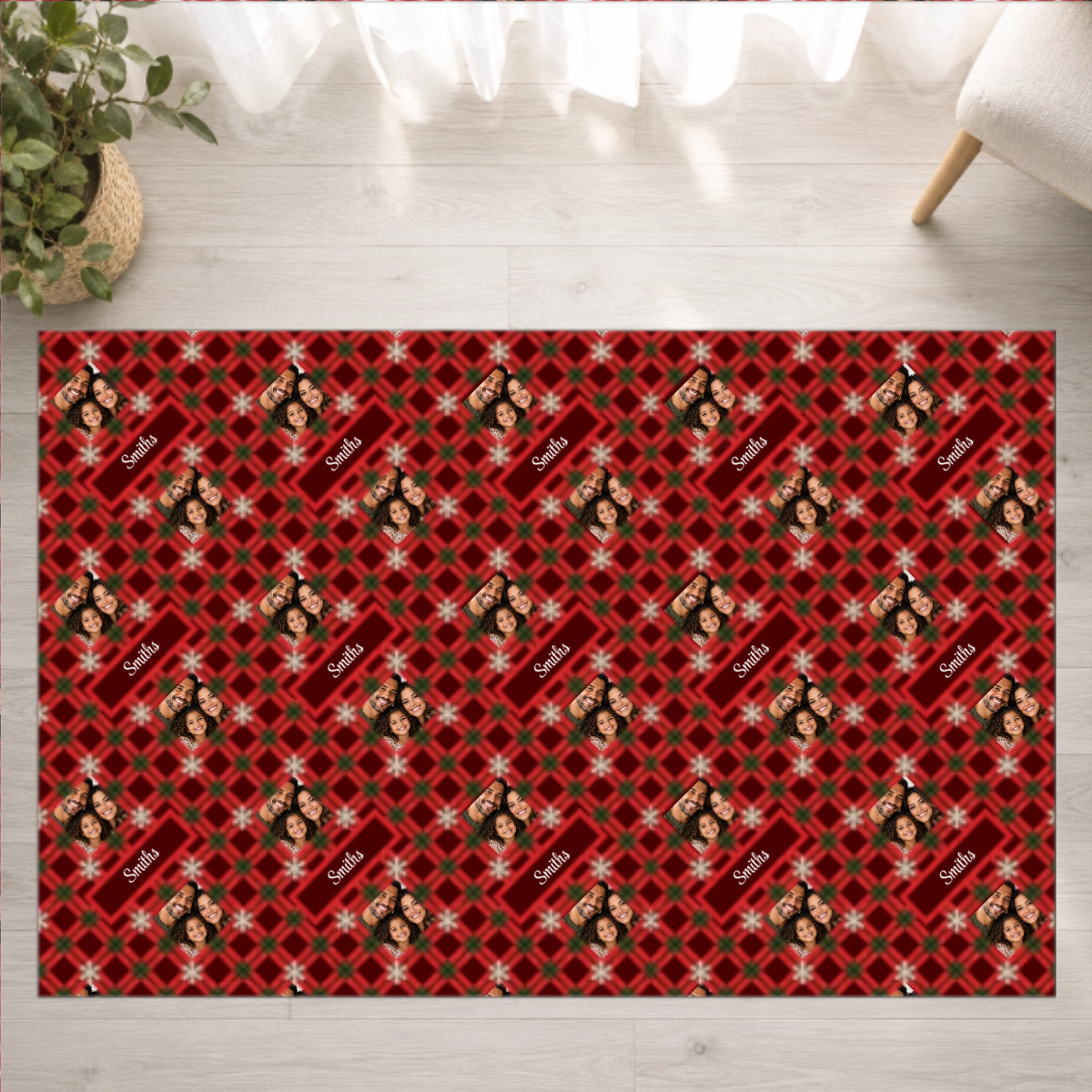 Holly Jolly Plaid Personalized Family Washable Rug