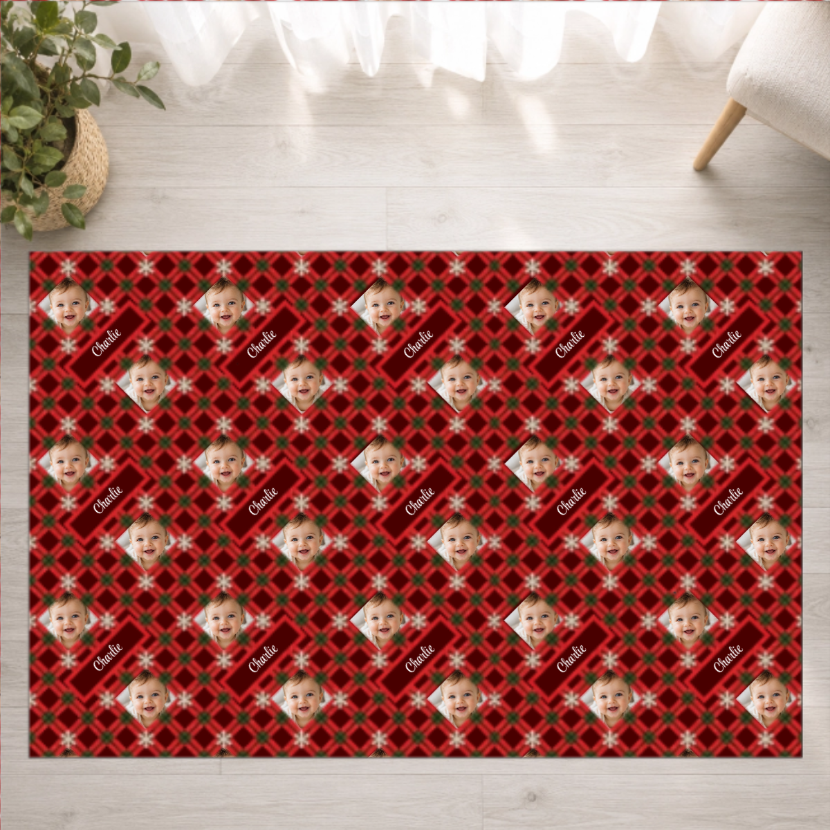 Holly Jolly Plaid Personalized Kid Washable Rug