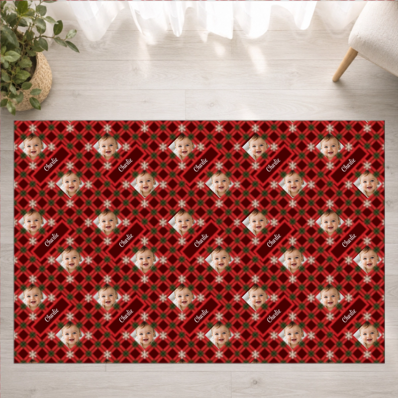 Holly Jolly Plaid Personalized Kid Washable Rug