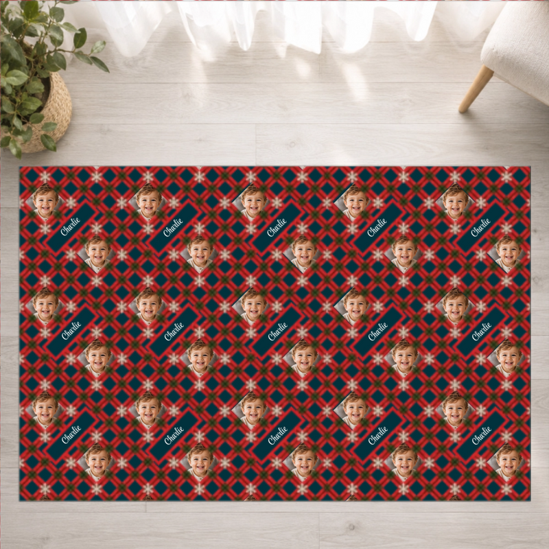 Holly Jolly Plaid Personalized Kid Washable Rug