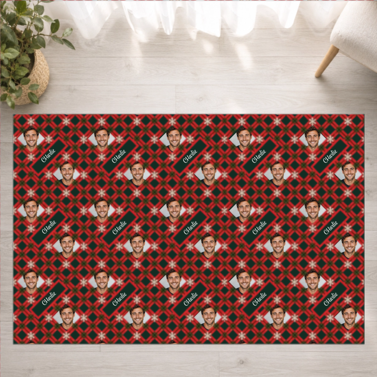 Holly Jolly Plaid Personalized Washable Rug