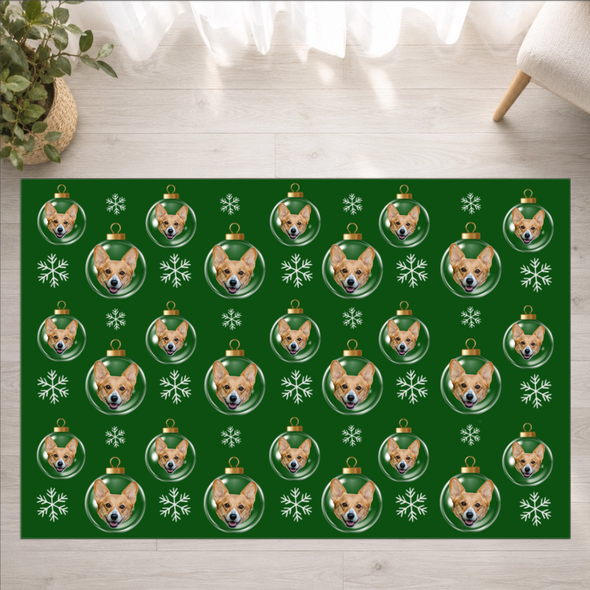 Merry & Bright Baubles Personalized Dog Washable Rug