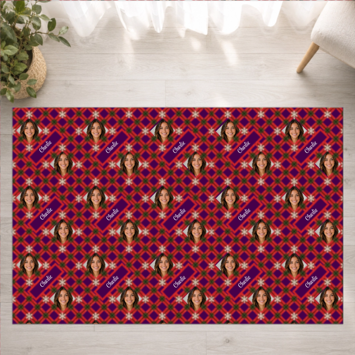 Holly Jolly Plaid Personalized Washable Rug