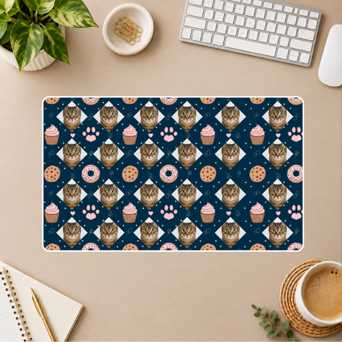 Paws & Pastry Personalized Cat White Stitched Desk Mat