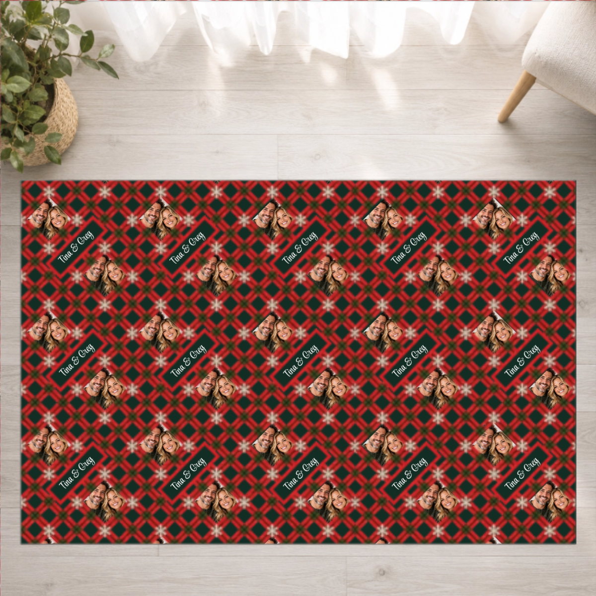 Holly Jolly Plaid Personalized Couple Washable Rug