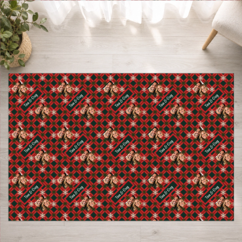 Holly Jolly Plaid Personalized Couple Washable Rug