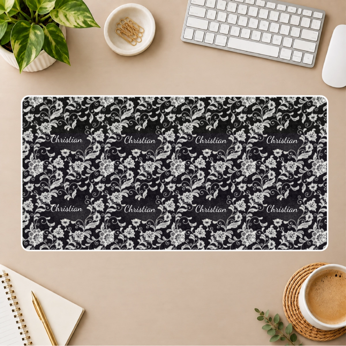 Ivory Lace Personalized White Stitched Desk Mat