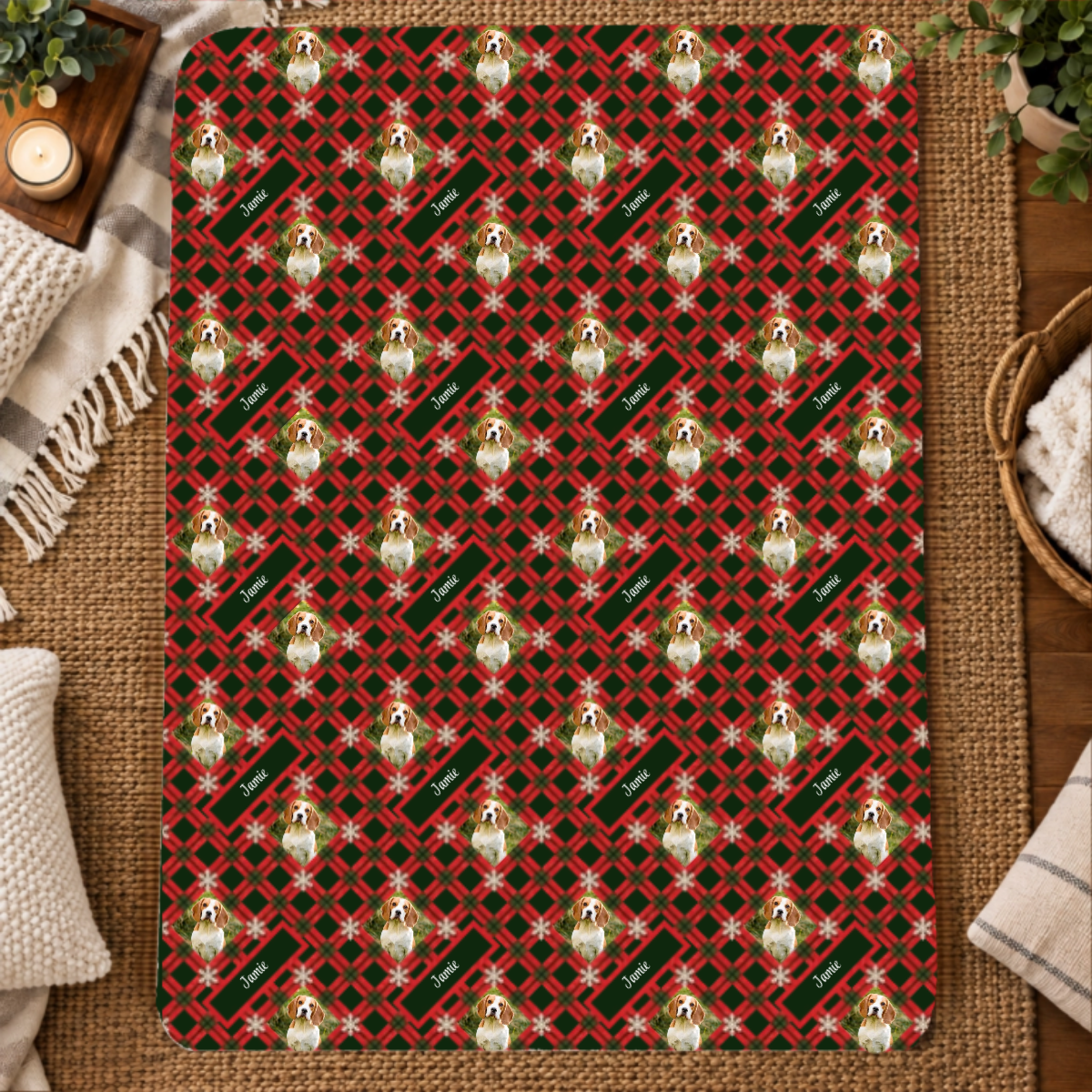 Holly Jolly Plaid Personalized Dog 60x80 Sherpa Blanket