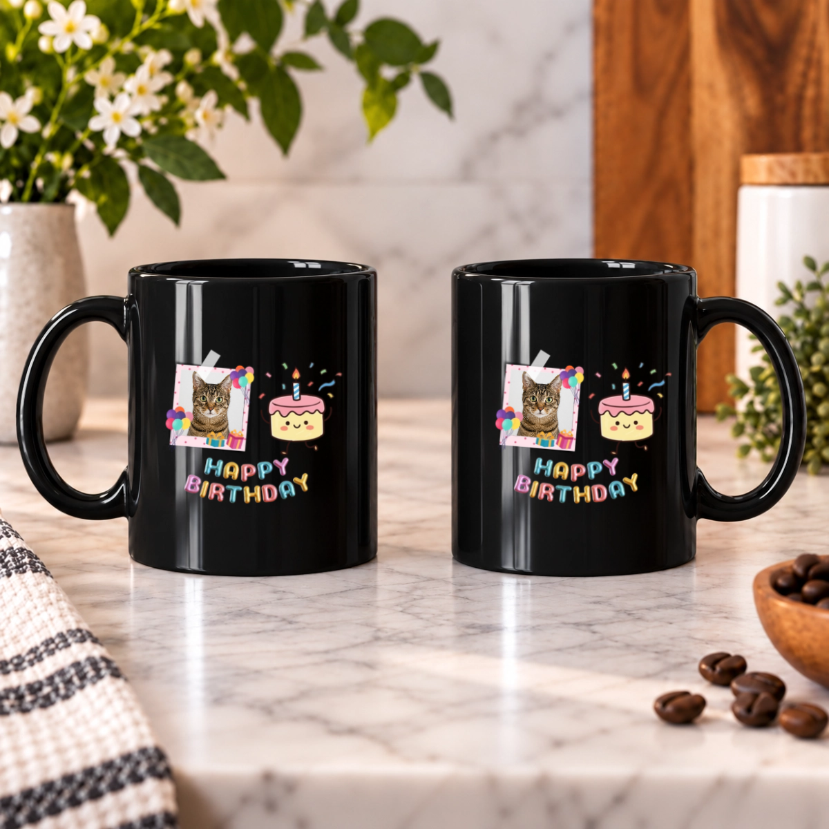 Birthday Wishes Personalized Cat Black Ceramic Mug