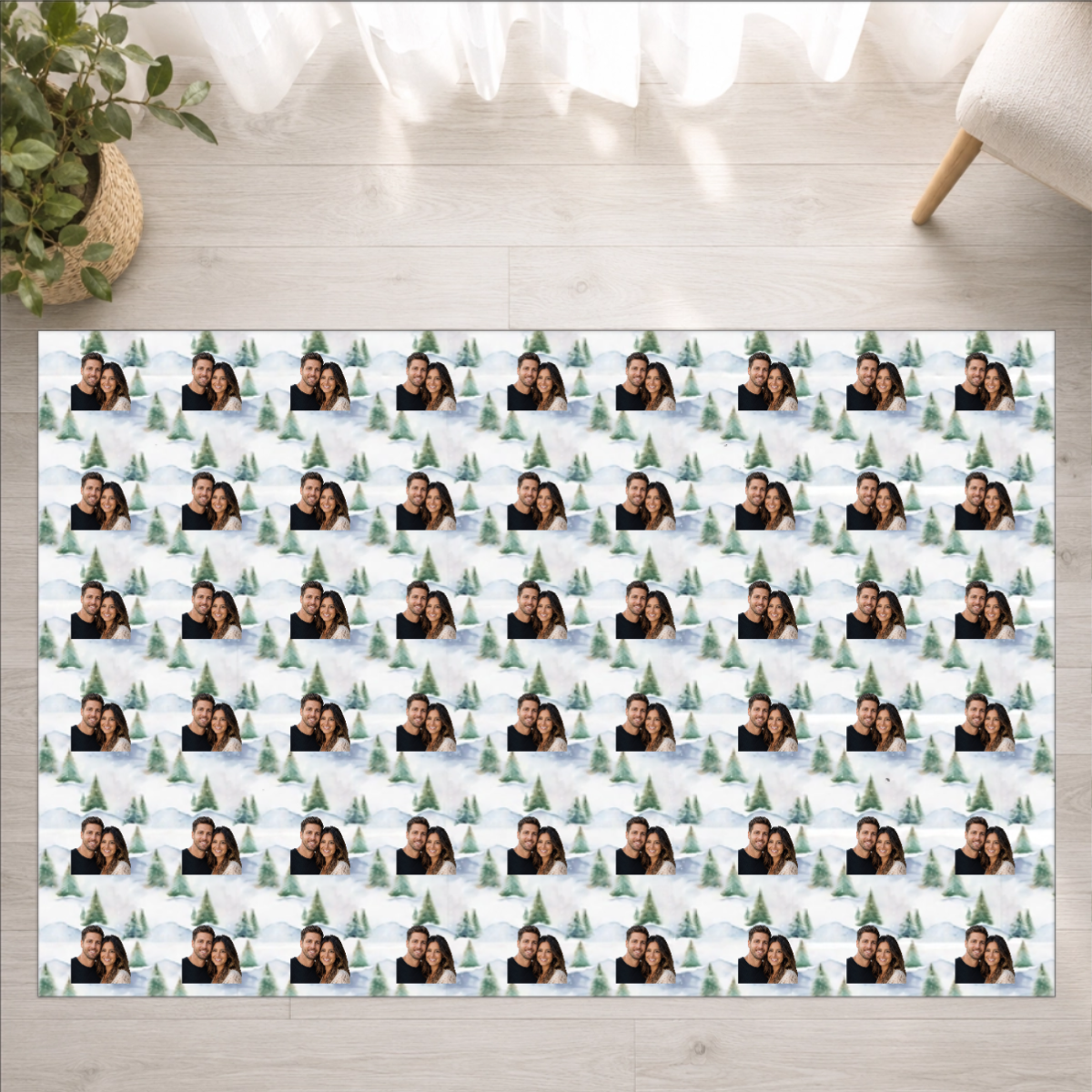 Snowy Evergreen Hills Personalized Couple Washable Rug