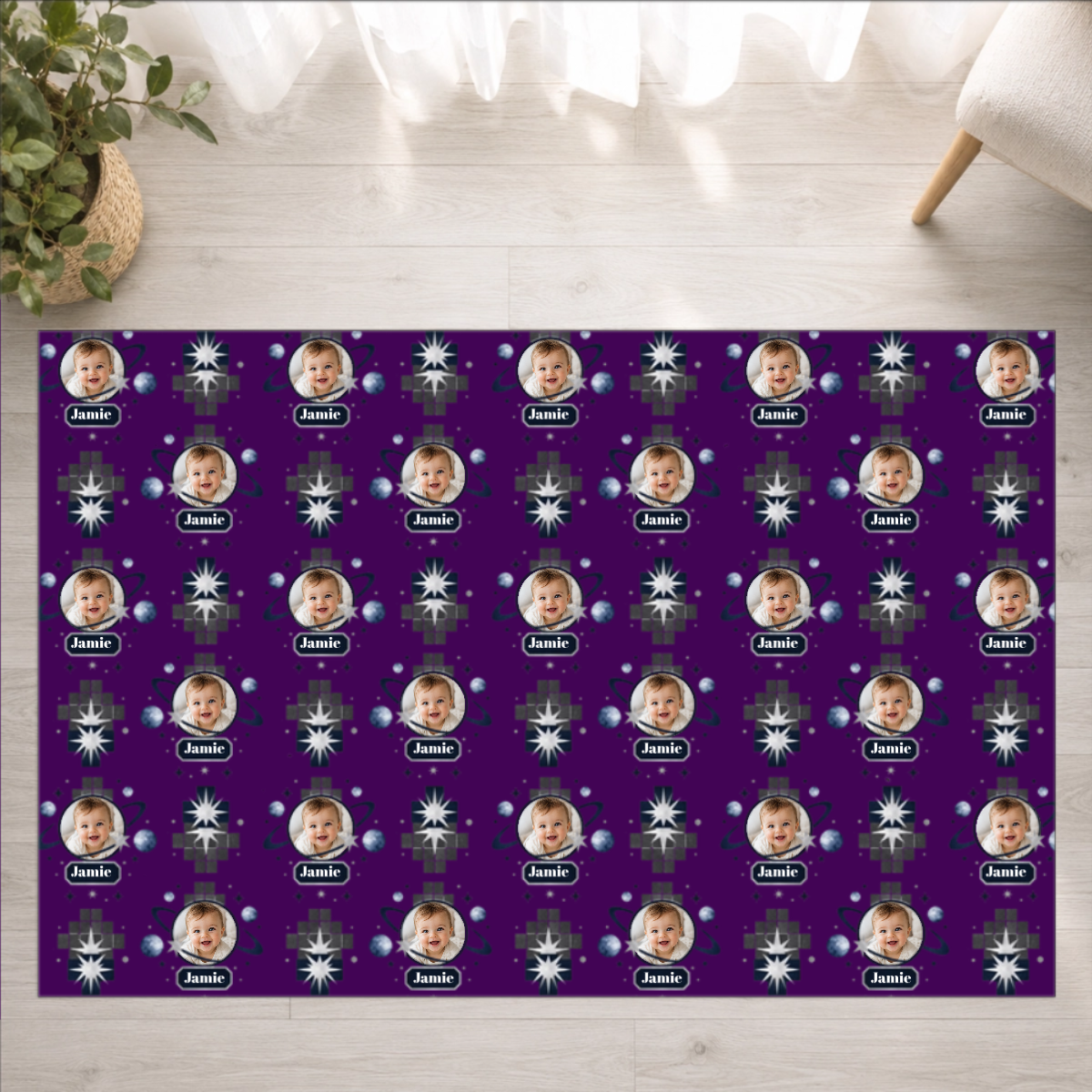 Celestial Grid & Orbit Personalized Kid Washable Rug