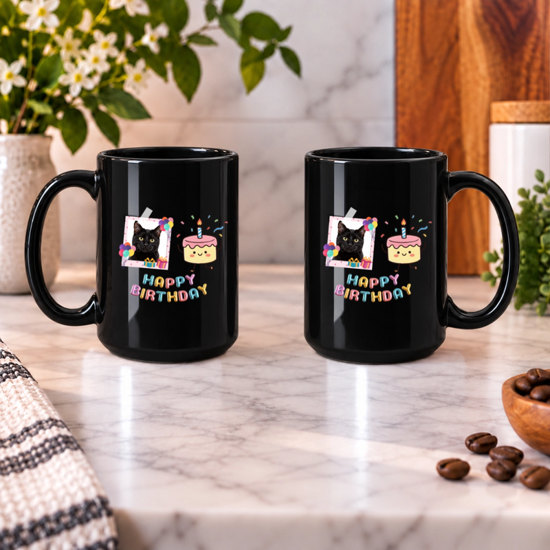 Birthday Wishes Personalized Cat Black Ceramic Mug