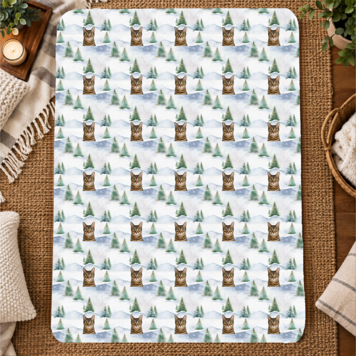 Snowy Evergreen Hills Personalized Cat 60x80 Sherpa Blanket