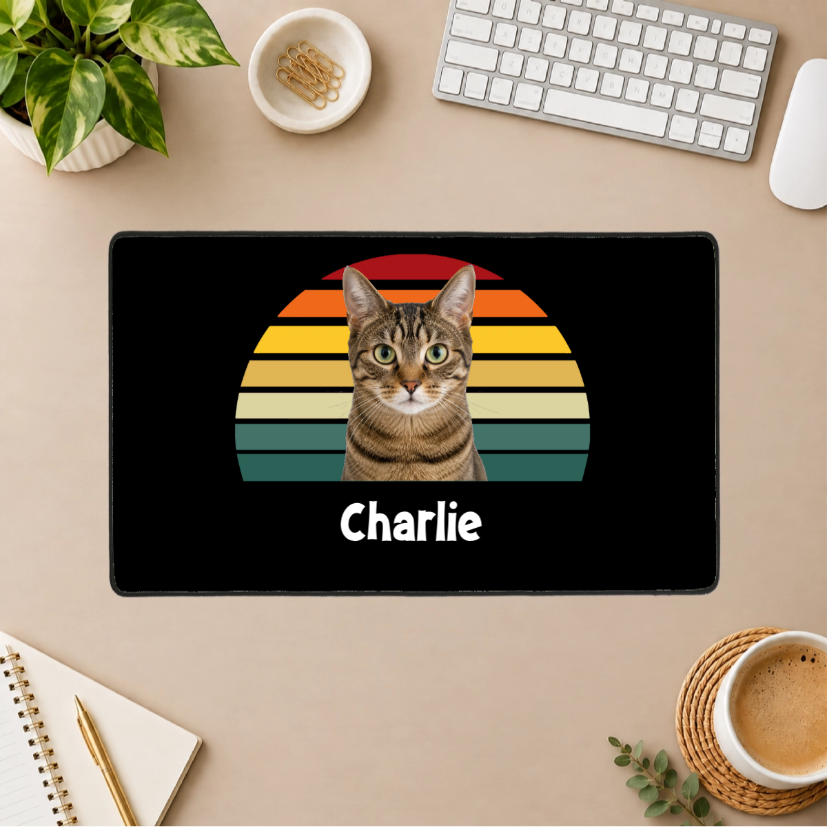 Happy Trails Personalized Cat Black Stitched Desk Mat