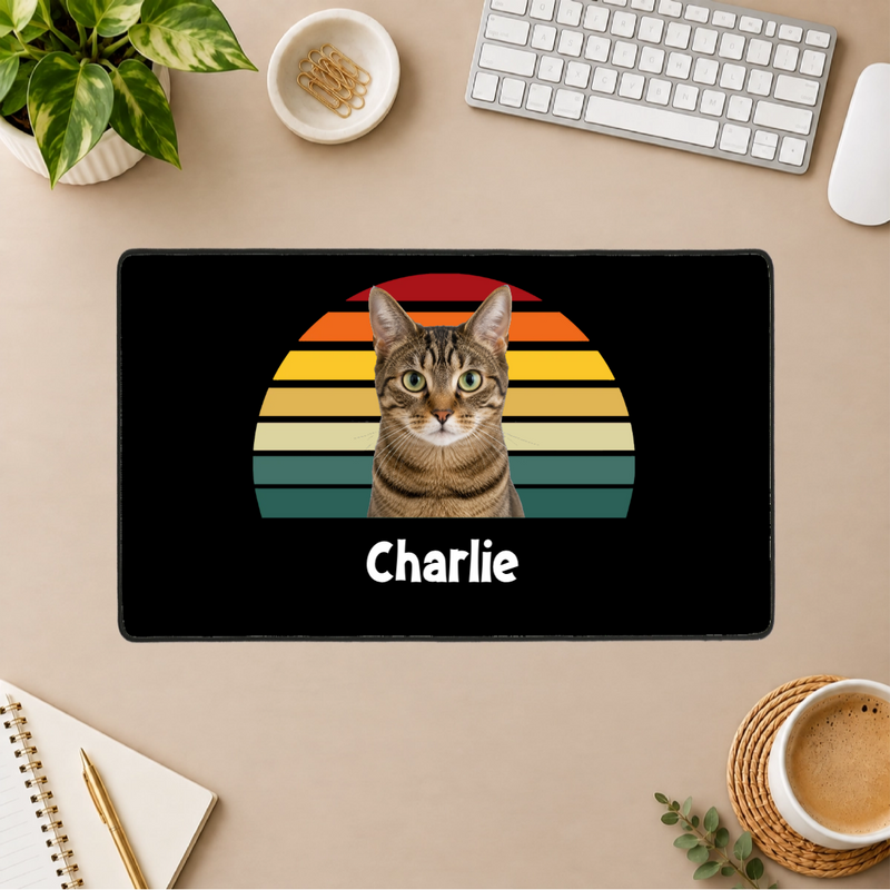 Happy Trails Personalized Cat Black Stitched Desk Mat