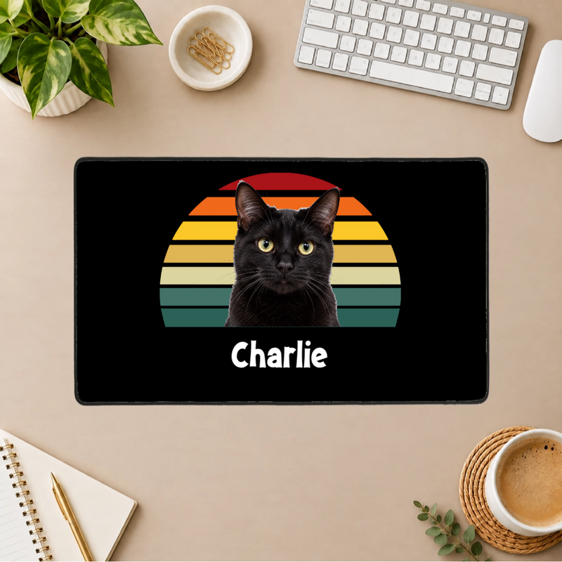 Happy Trails Personalized Cat Black Stitched Desk Mat