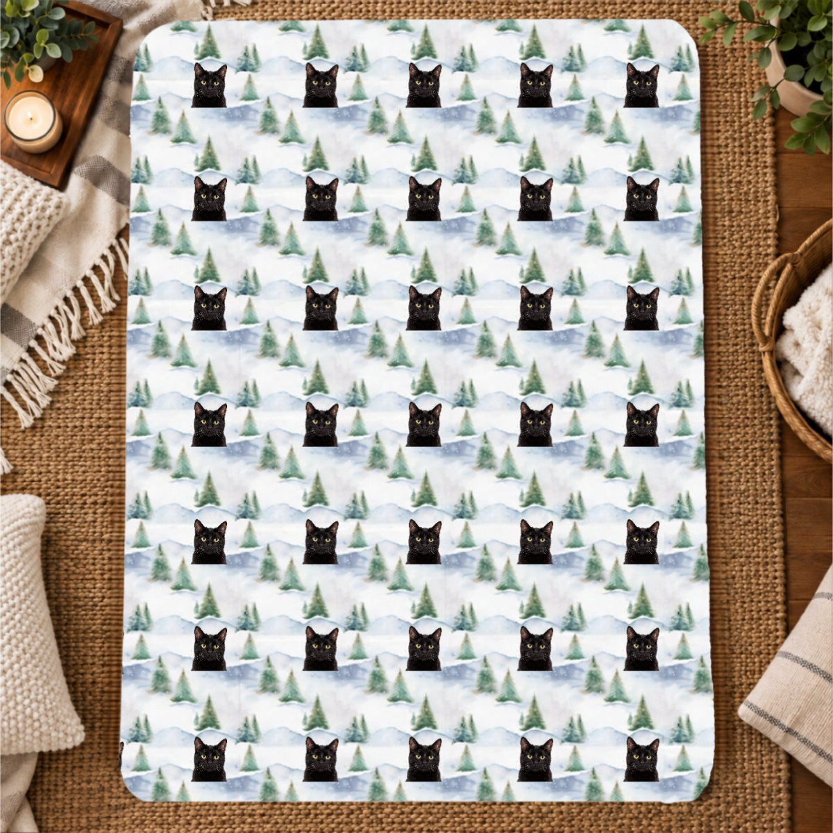 Snowy Evergreen Hills Personalized Cat 60x80 Sherpa Blanket