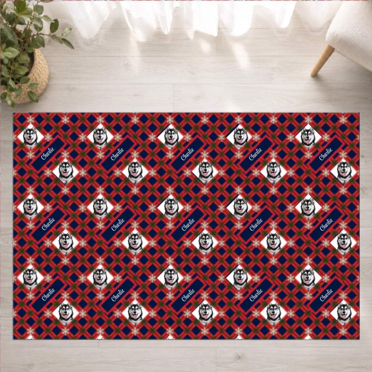 Holly Jolly Plaid Personalized Dog Washable Rug