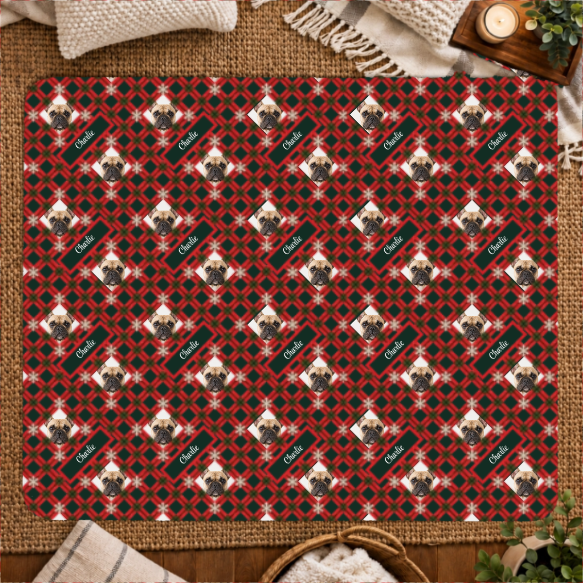 Holly Jolly Plaid Personalized Dog 50x60 Sherpa Blanket