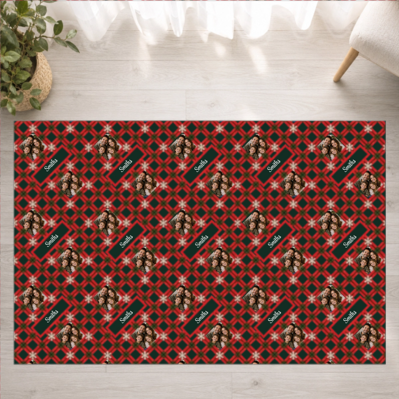 Holly Jolly Plaid Personalized Family Washable Rug