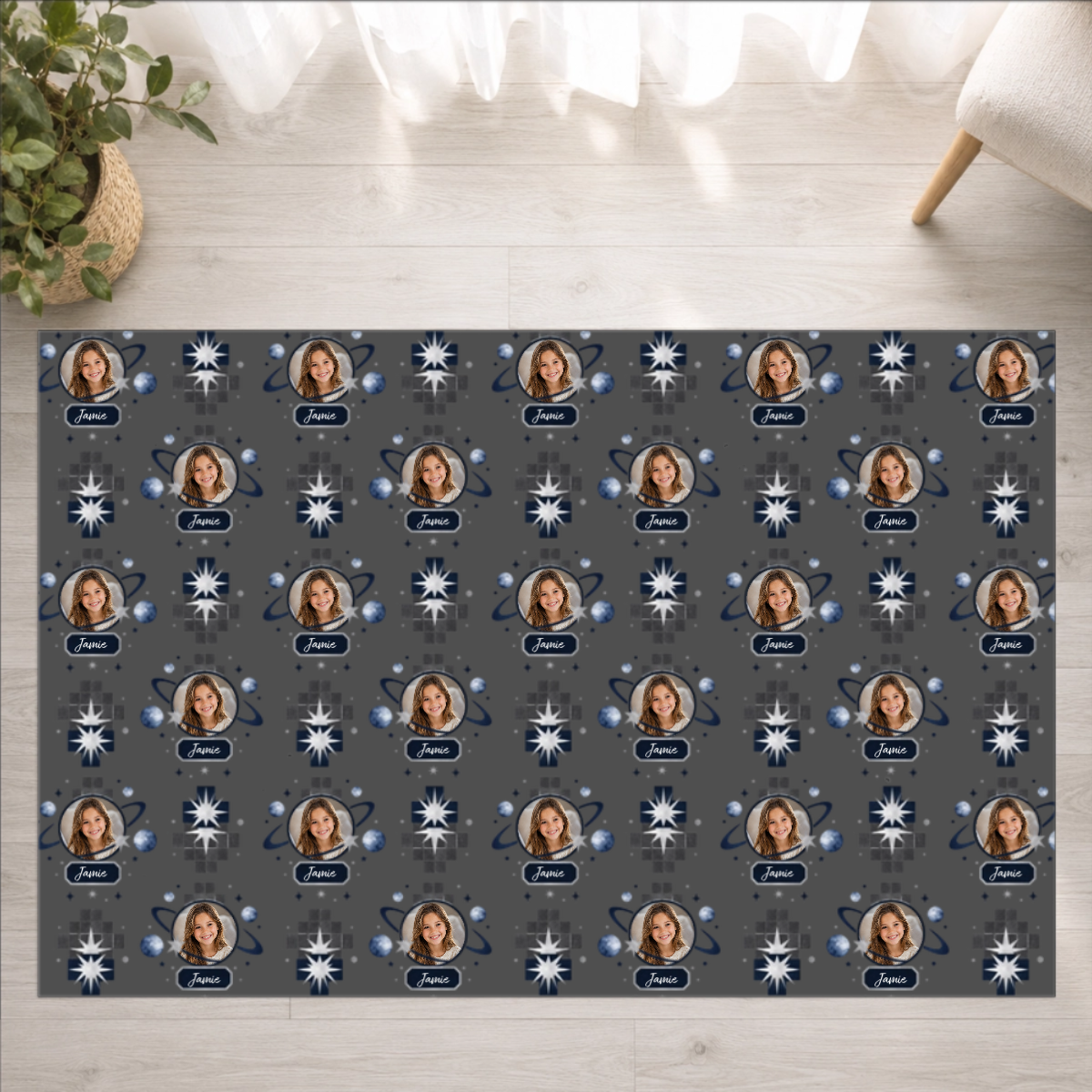 Celestial Grid & Orbit Personalized Kid Washable Rug